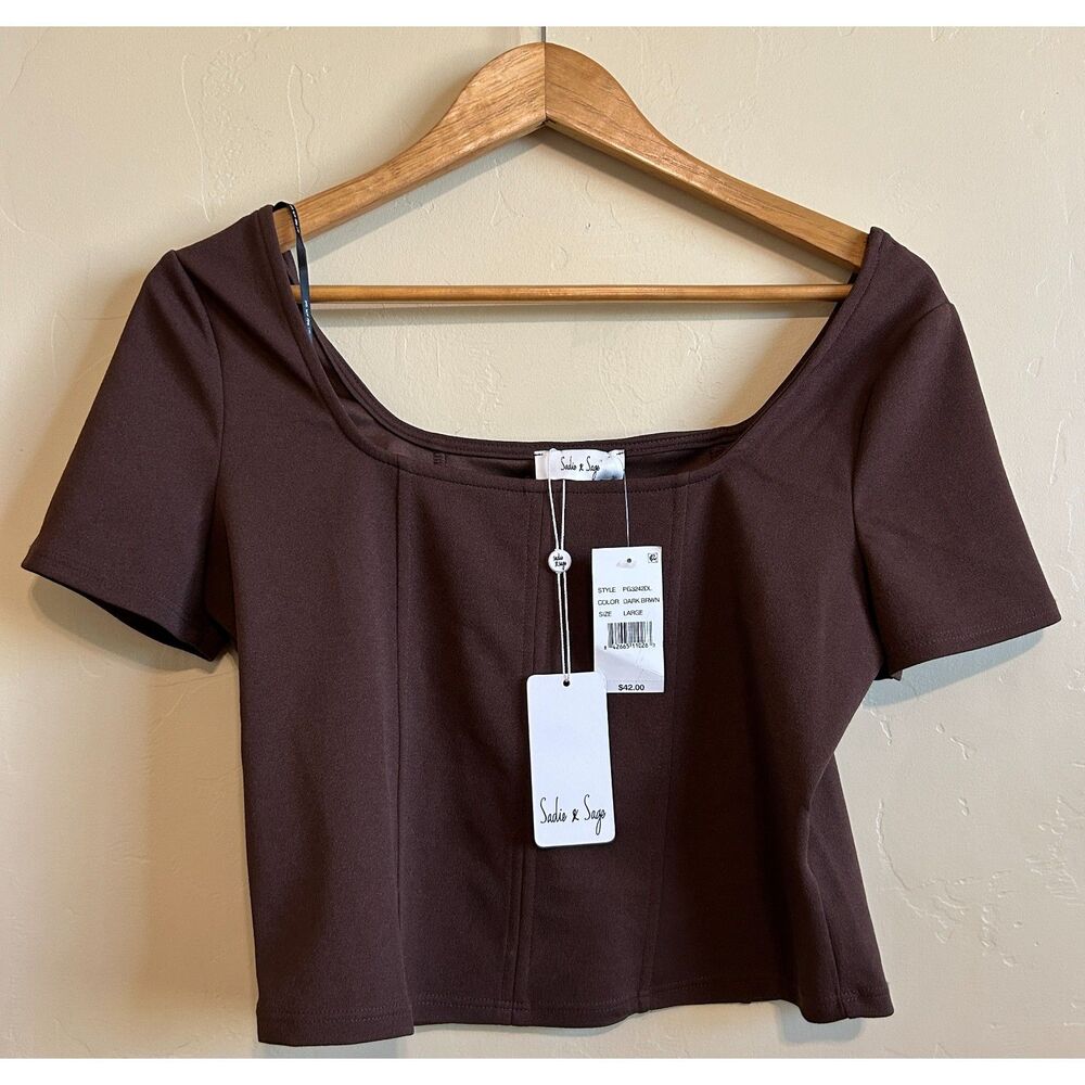 NEW! Sadie & Sage Square Neck Cropped Seamed Corset Knit Top Choc Brown L NWT